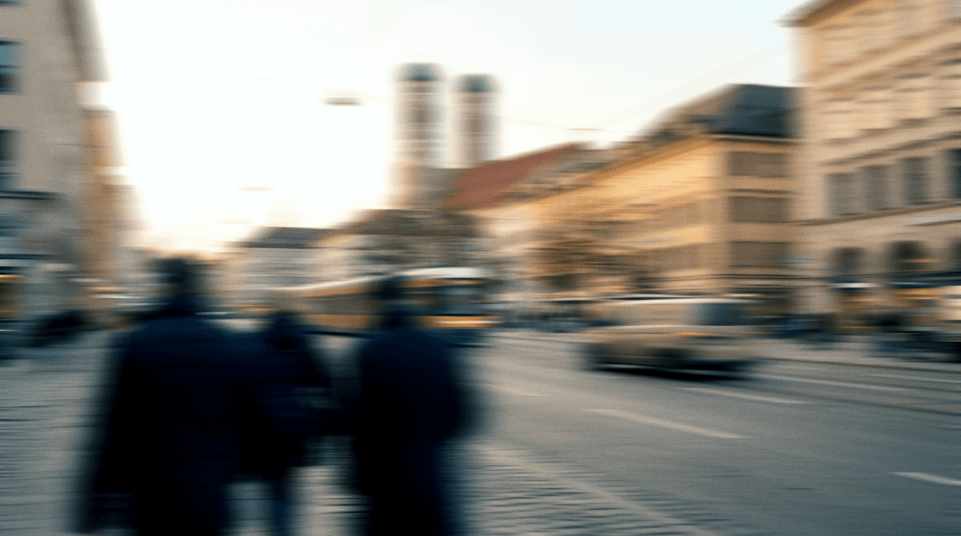 People walking past the Frauenkirche in Munich, blurred in motion